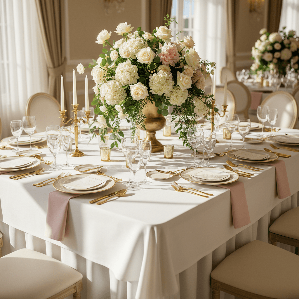 Luxuriously decorated event table with floral centerpiece