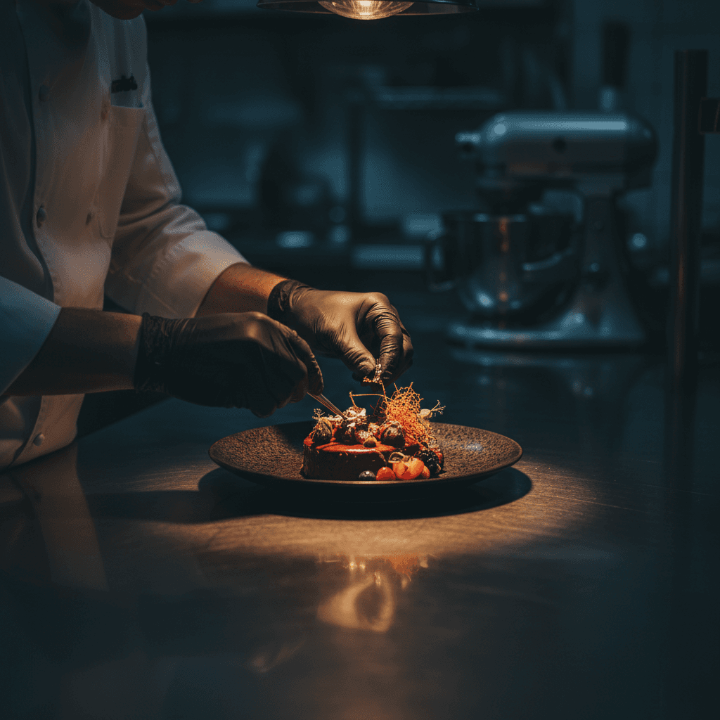 Chef's hands placing garnish on dessert plate
