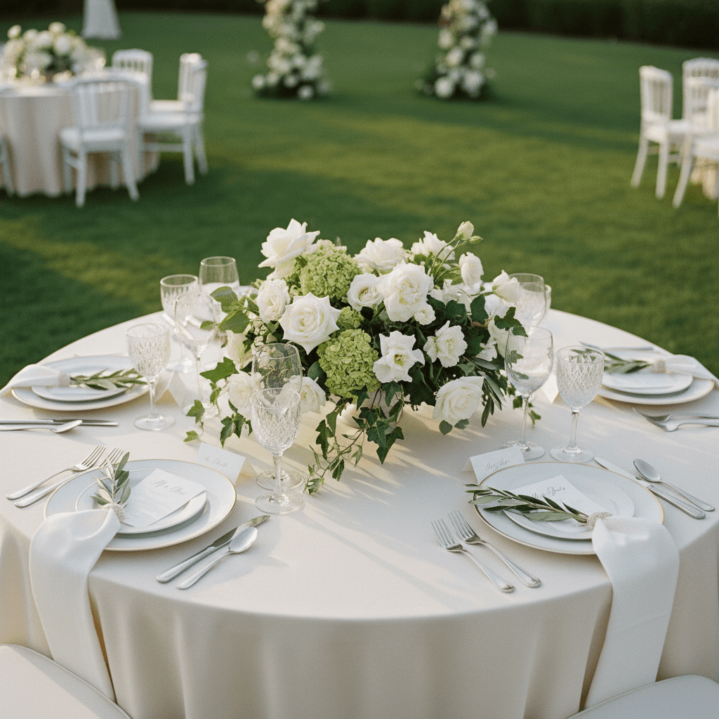 Overhead view of elegantly decorated reception table with floral centerpiece, white linens, fine dinnerware, and glassware on lawn venue