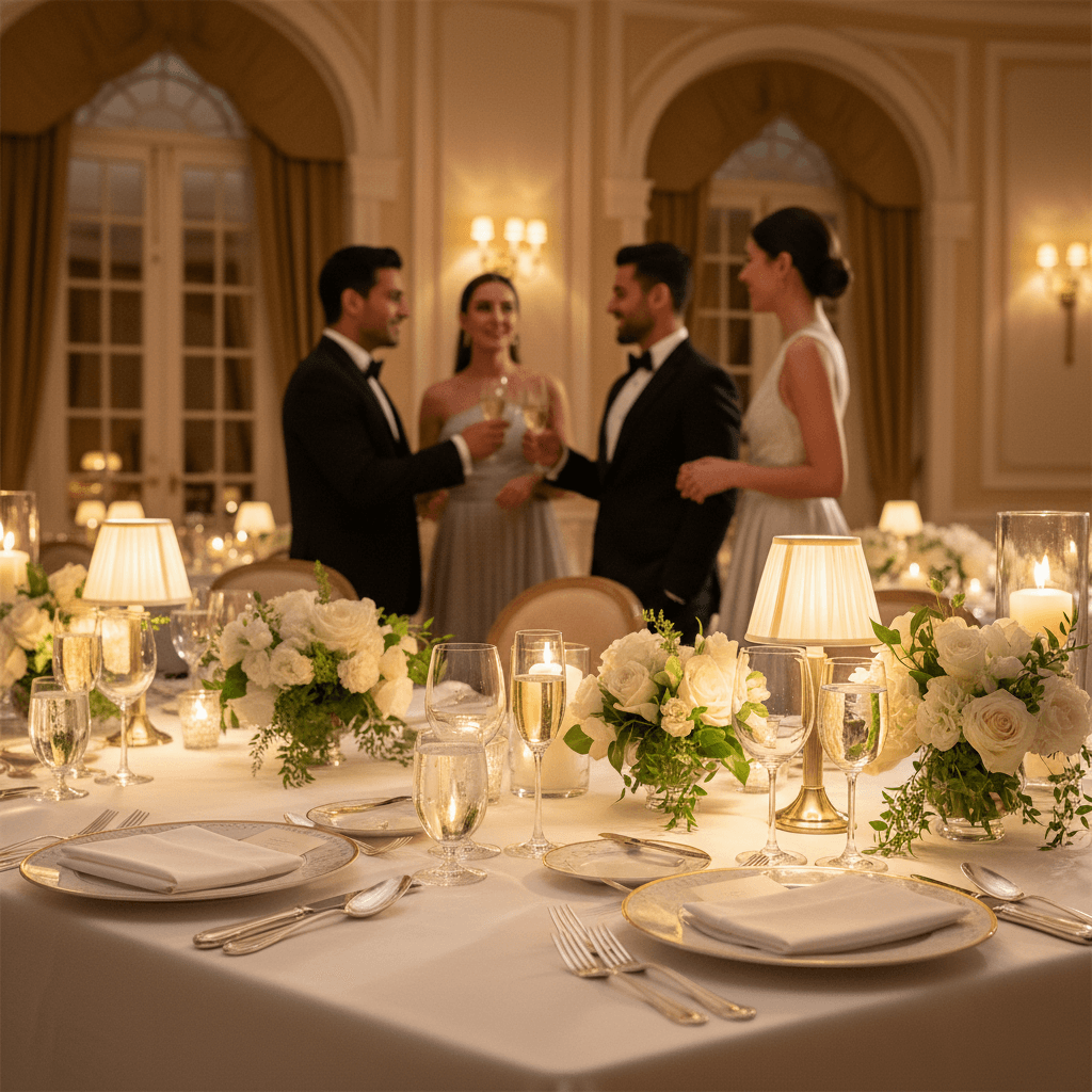 Elegant banquet table setting with fine dining place settings, floral centerpiece, and candlelight in luxury ballroom