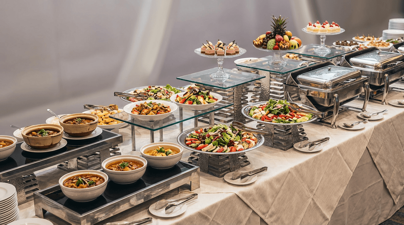 Multi-tiered buffet display with various prepared dishes, elegant serving vessels, and fresh ingredients in upscale event setting.