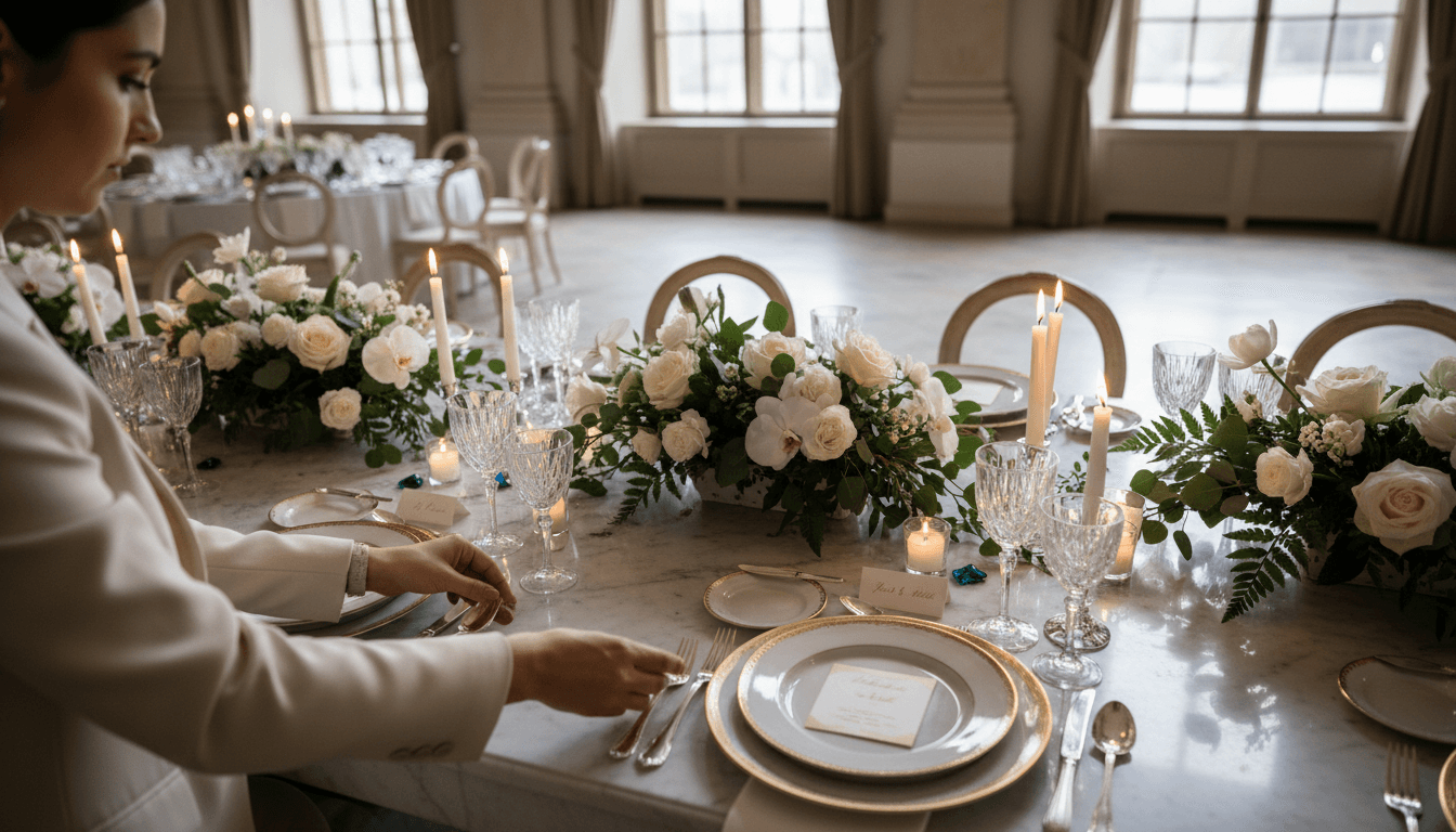 Overhead view of elegantly arranged wedding tablescape with fine china, crystal glasses, and white floral centerpieces in historic venue