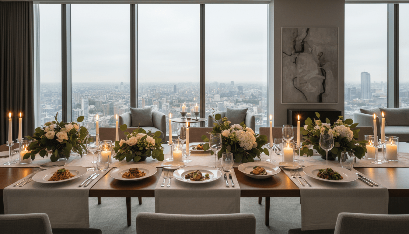 Sophisticated urban penthouse dining setup with refined place settings, candlelight, and city skyline views