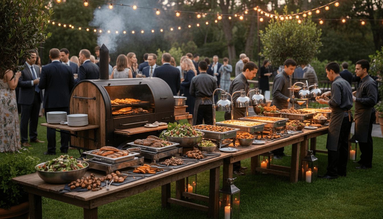 Outdoor catering buffet with smoking station, warming trays of grilled meats, and guests dining in evening lighting