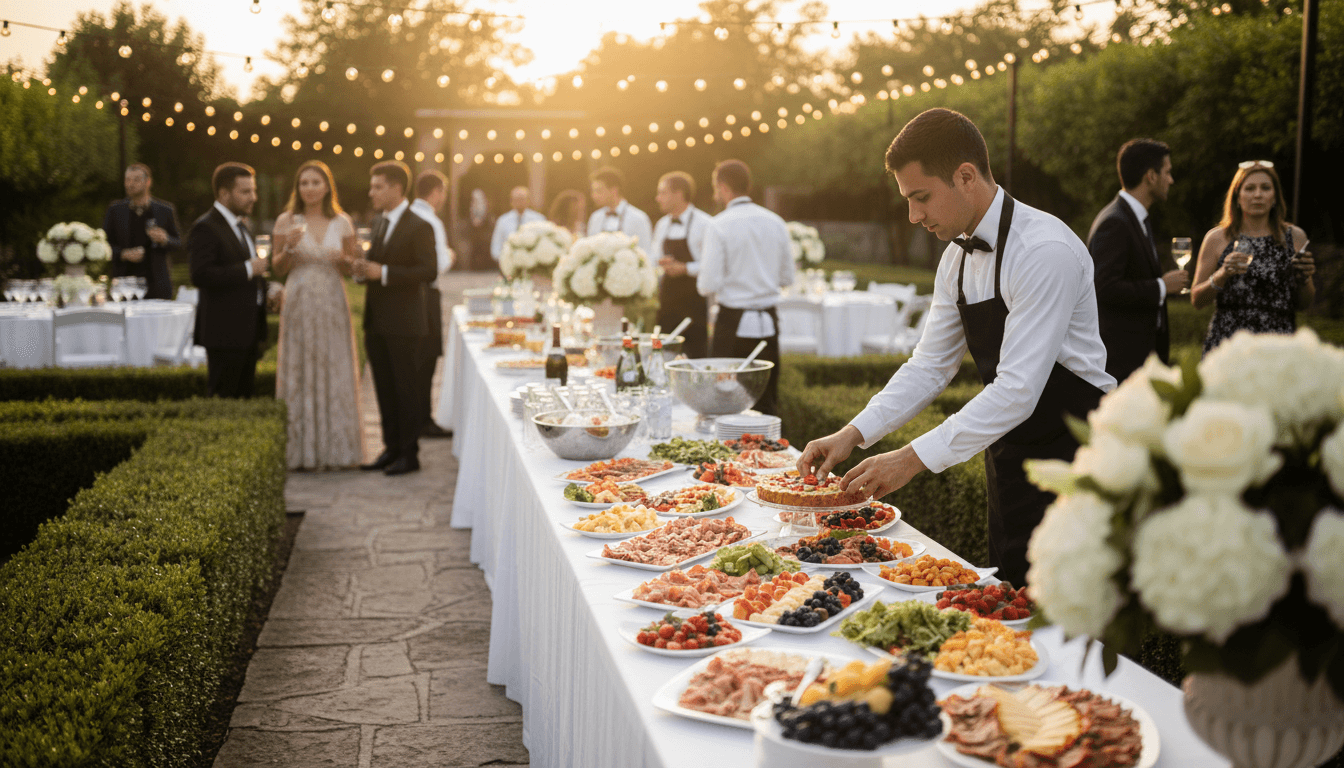 Elegant outdoor event buffet table with diverse cuisine, professional catering staff, guests socializing, golden hour lighting