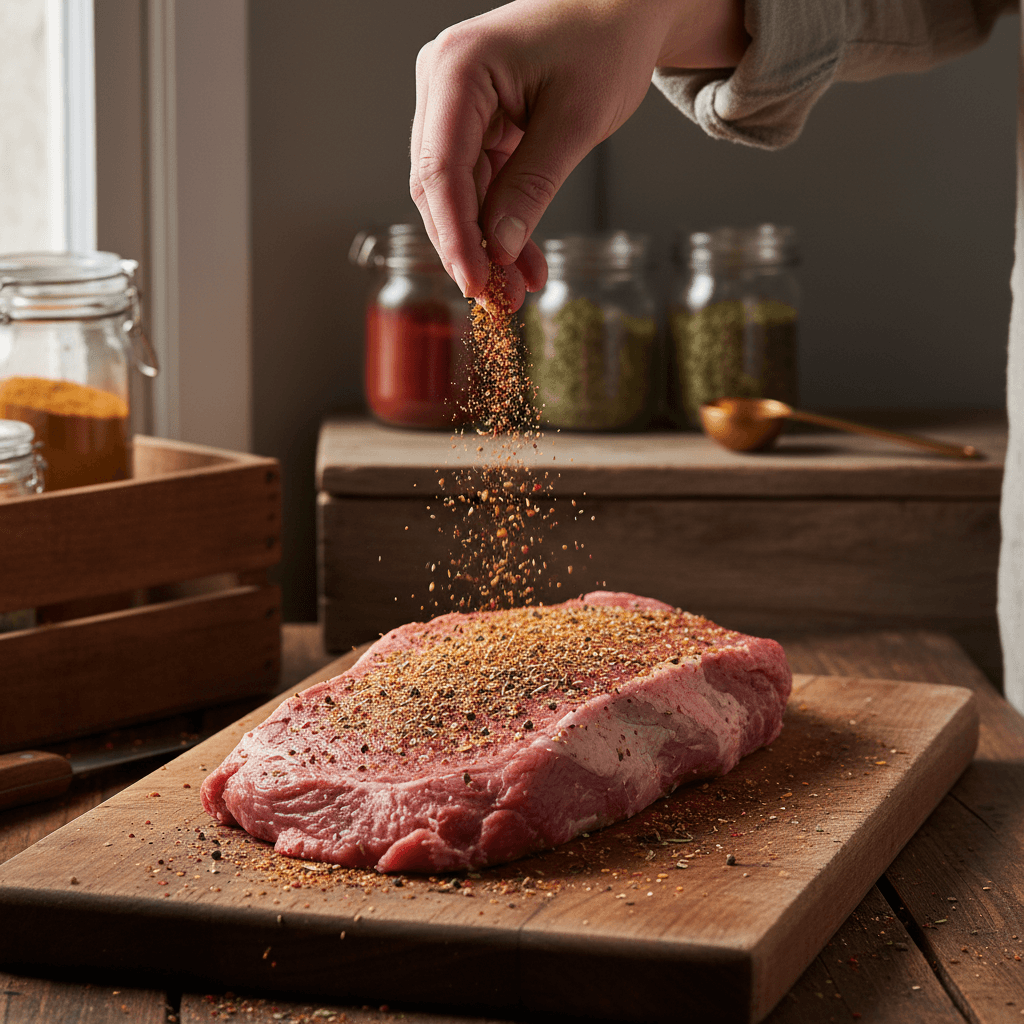 Hand sprinkling artisanal dry rub seasoning onto raw meat with natural light and wooden cutting board