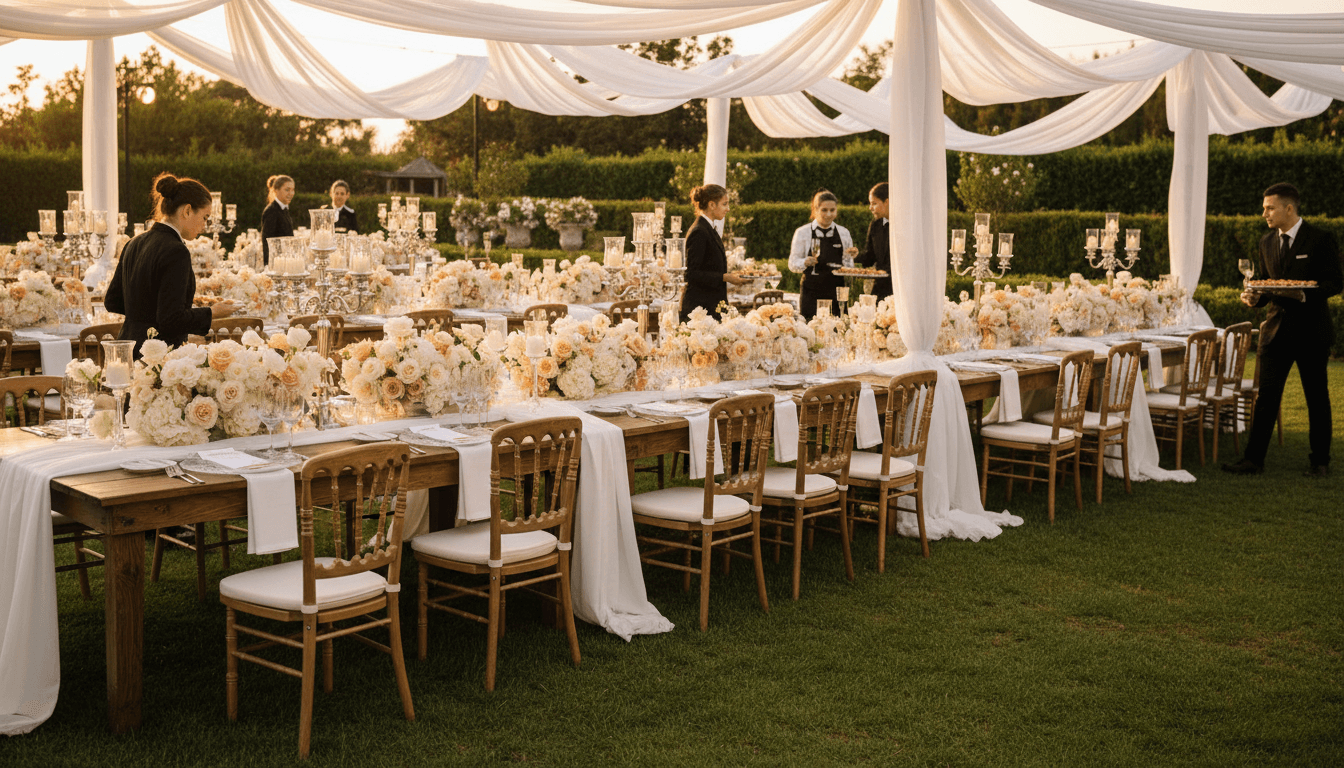 Elegant outdoor reception with long tables, floral centerpieces, and service staff circulating with champagne and canapés