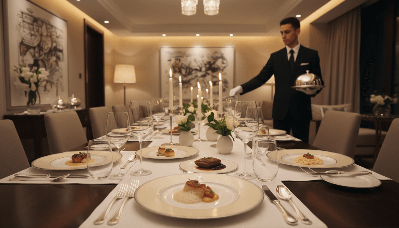 Elegant private dinner table with multiple plated courses, fine china, wine service, and warm candlelit ambiance in luxury residential dining room