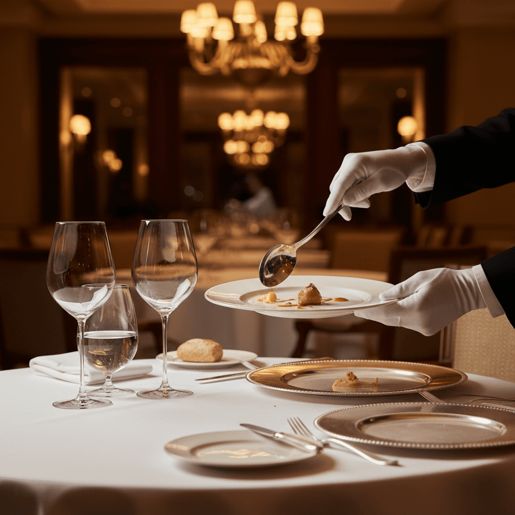 Server's hands executing refined table service technique at elegant fine dining table with polished silverware